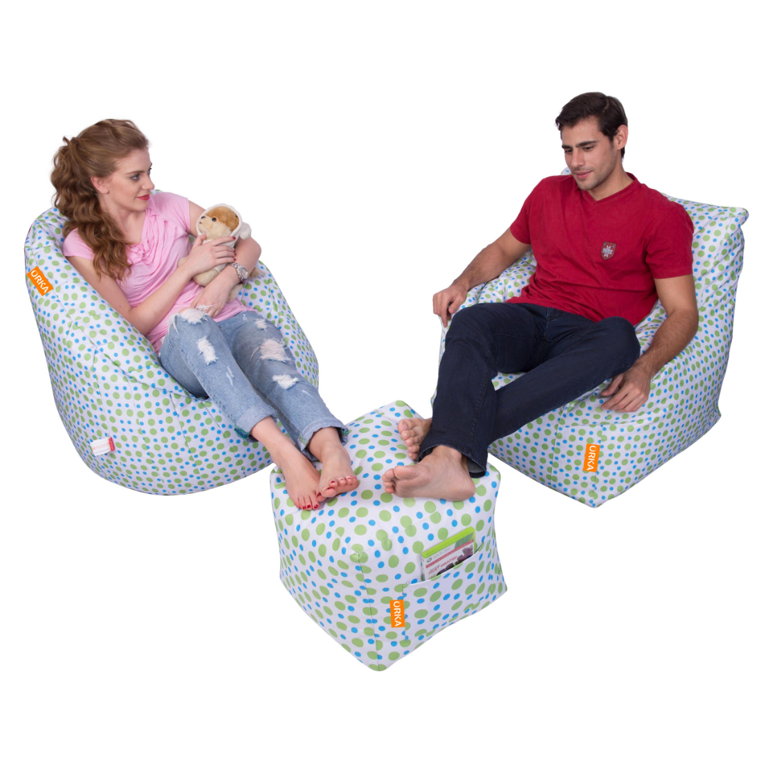 Can bean bags Combo Arm Chair, Big Boss Chair, Footstool Bean Bag (Polka Dot)